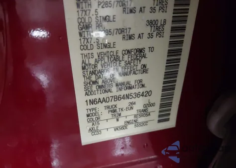 2004 Nissan Titan Se из США, поврежденный, VIN 1N6AA07B64N536420